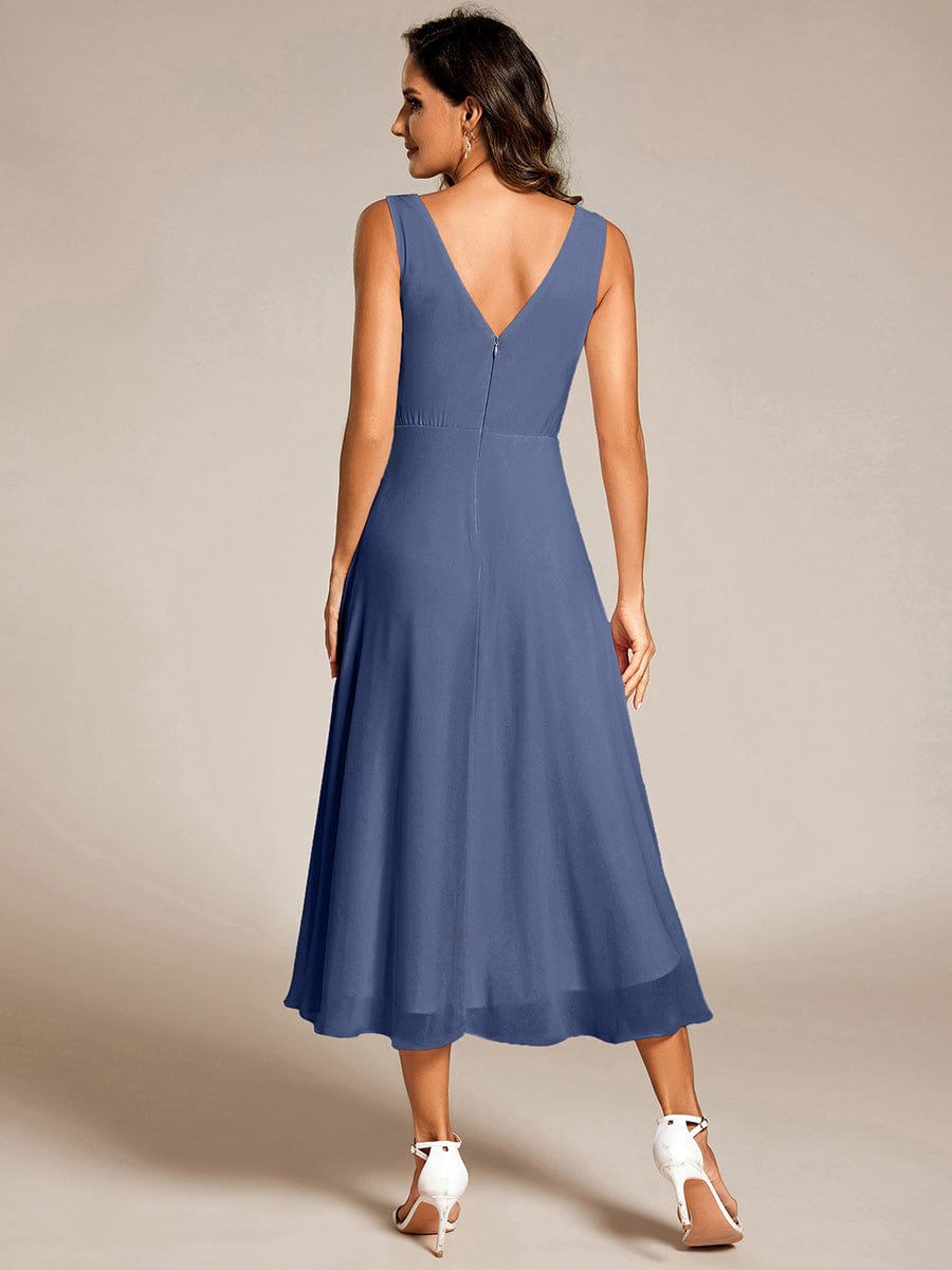 Elegant V-Neck Sleeveless Pleated High-Low Chiffon Wedding Guest Dress #color_Dusty Blue