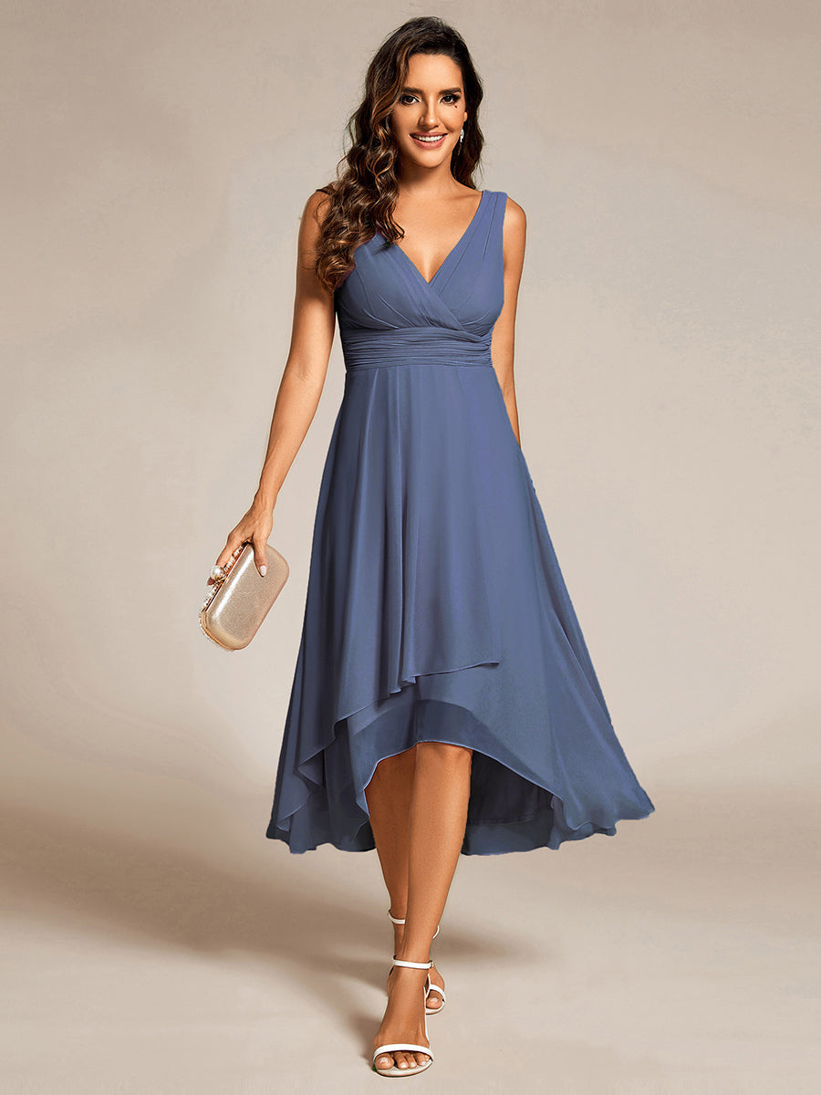 Elegant V-Neck Sleeveless Pleated High-Low Chiffon Wedding Guest Dress #color_Dusty Blue