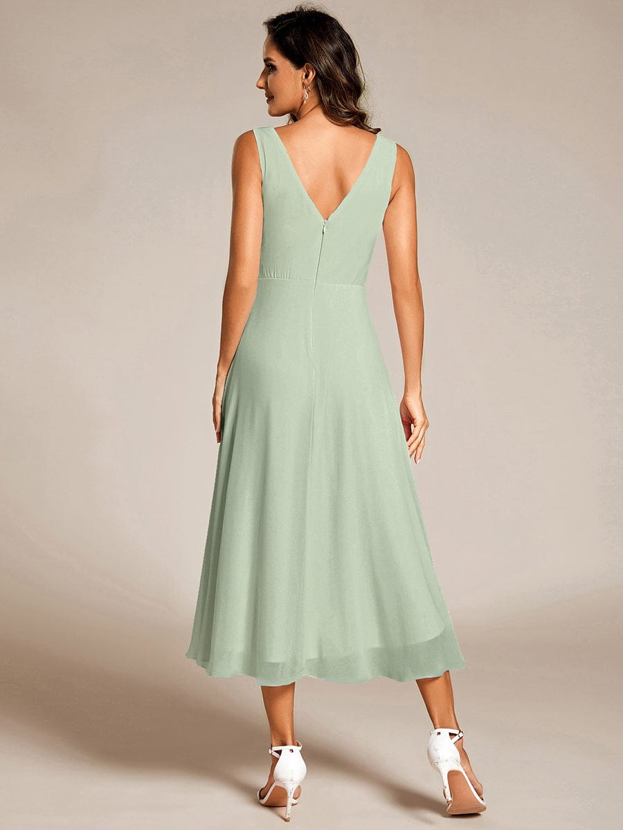 Elegant V-Neck Sleeveless Pleated High-Low Chiffon Wedding Guest Dress #color_Mint Green