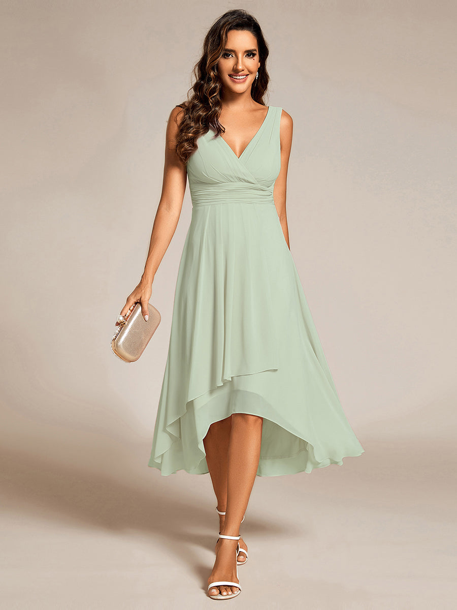 Elegant V-Neck Sleeveless Pleated High-Low Chiffon Wedding Guest Dress #color_Mint Green