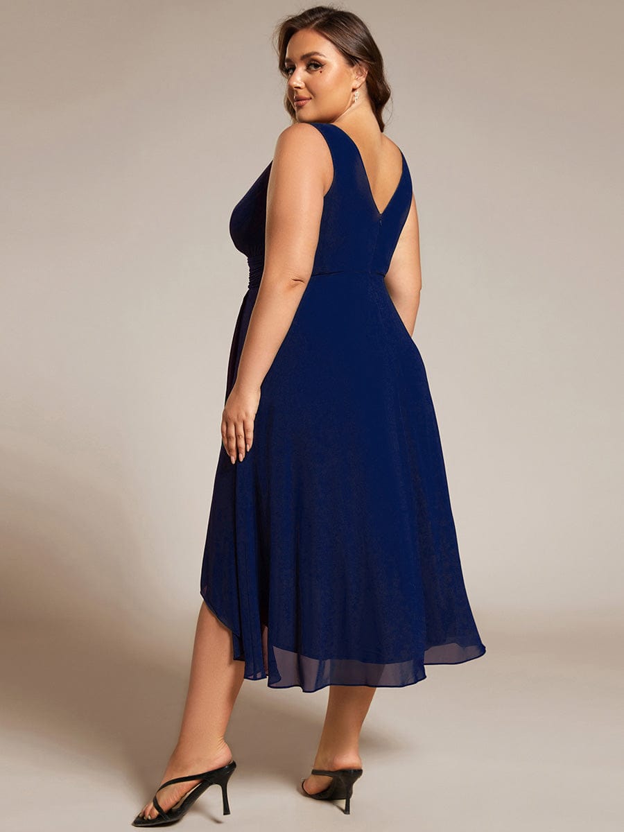 Elegant V-Neck Sleeveless Pleated High-Low Chiffon Wedding Guest Dress #color_Navy Blue