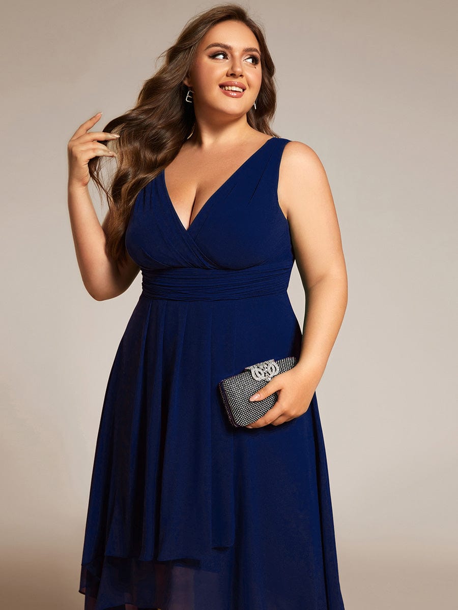 Elegant V-Neck Sleeveless Pleated High-Low Chiffon Wedding Guest Dress #color_Navy Blue