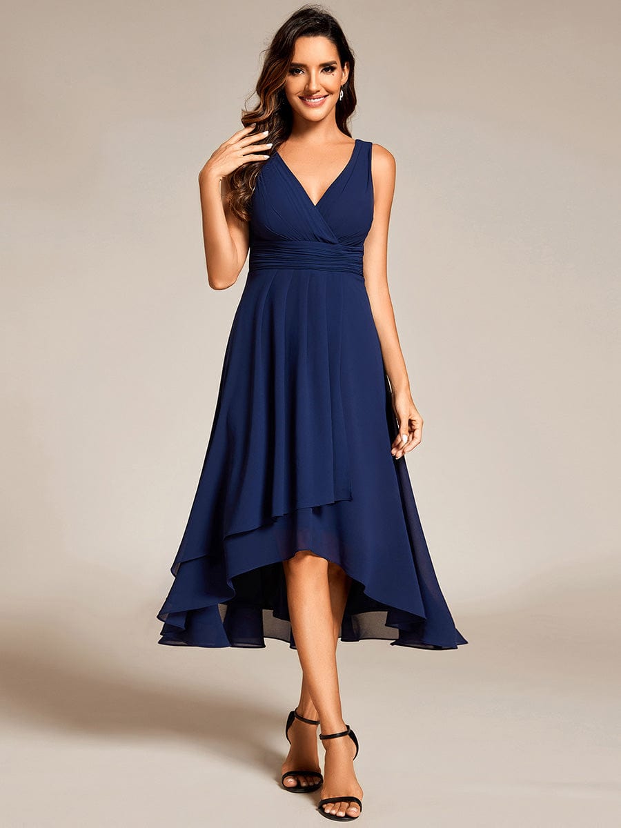 Elegant V-Neck Sleeveless Pleated High-Low Chiffon Wedding Guest Dress #color_Navy Blue