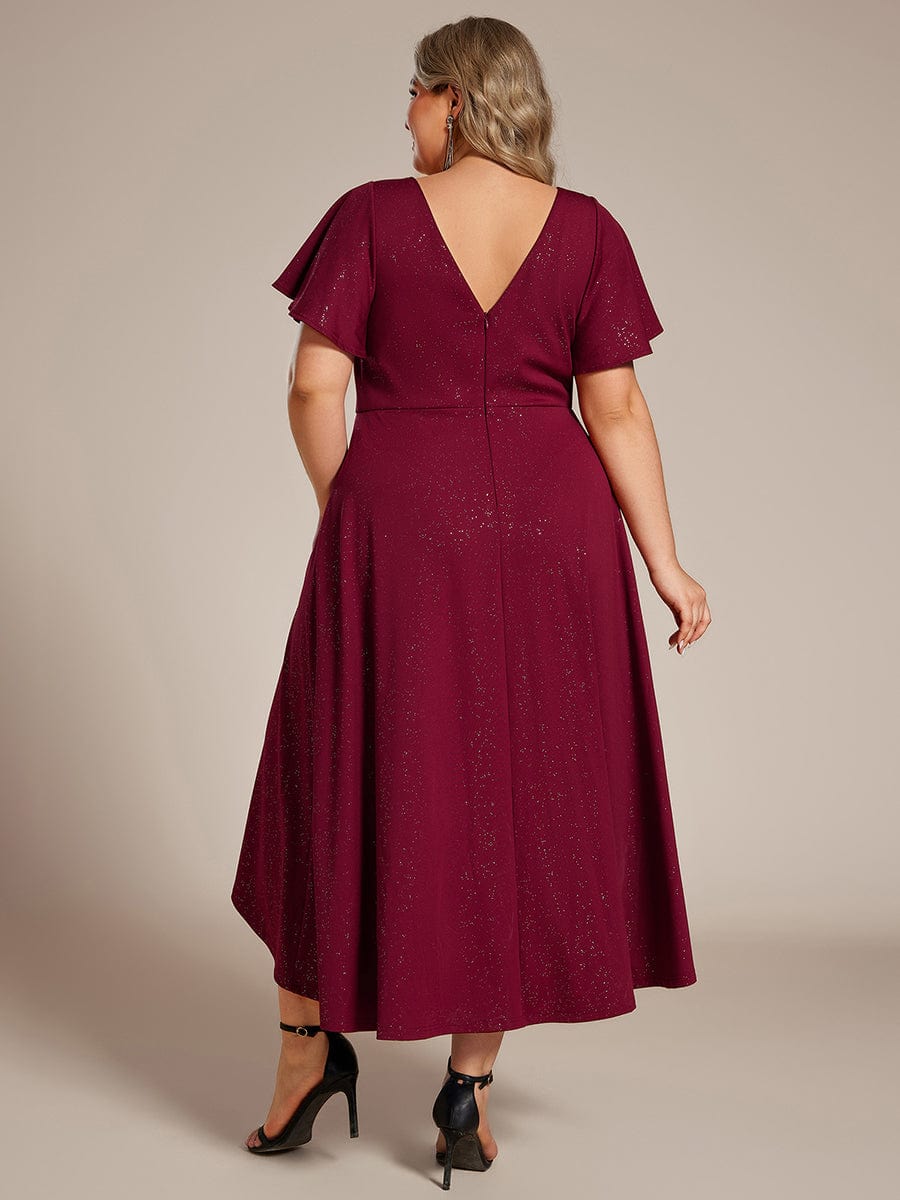 Glitter High-Low V-Neck Ruffled Sleeves Wedding Guest Dress #color_Burgundy