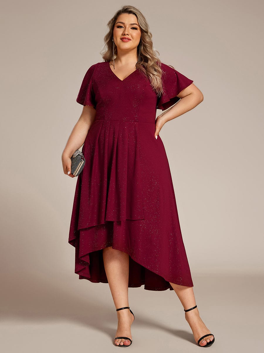 Glitter High-Low V-Neck Ruffled Sleeves Wedding Guest Dress #color_Burgundy