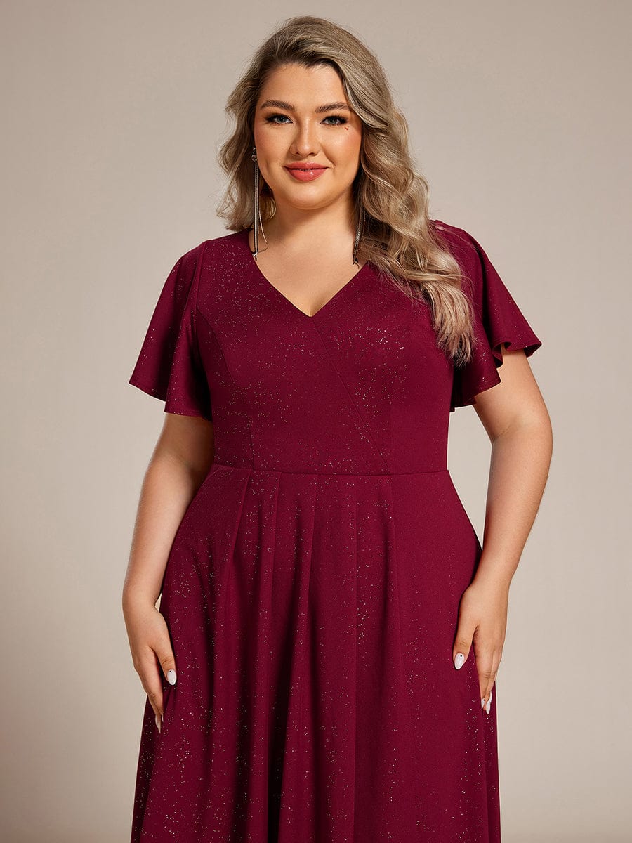 Glitter High-Low V-Neck Ruffled Sleeves Wedding Guest Dress #color_Burgundy