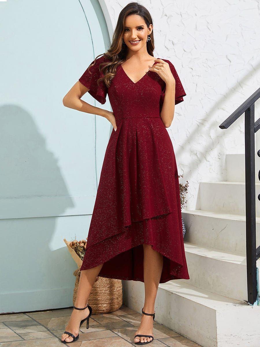 Glitter High-Low V-Neck Ruffled Sleeves Wedding Guest Dress #color_Burgundy