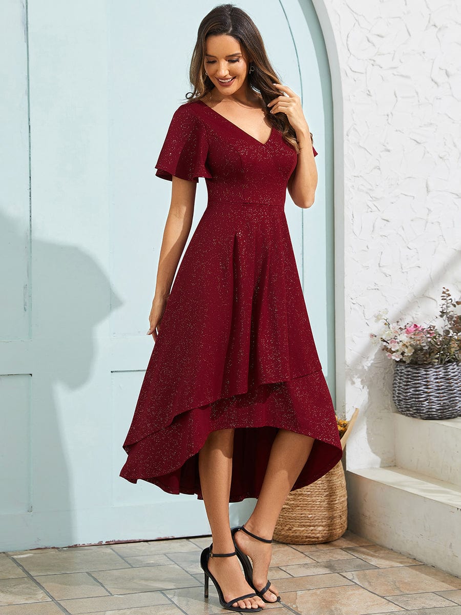 Glitter High-Low V-Neck Ruffled Sleeves Wedding Guest Dress #color_Burgundy