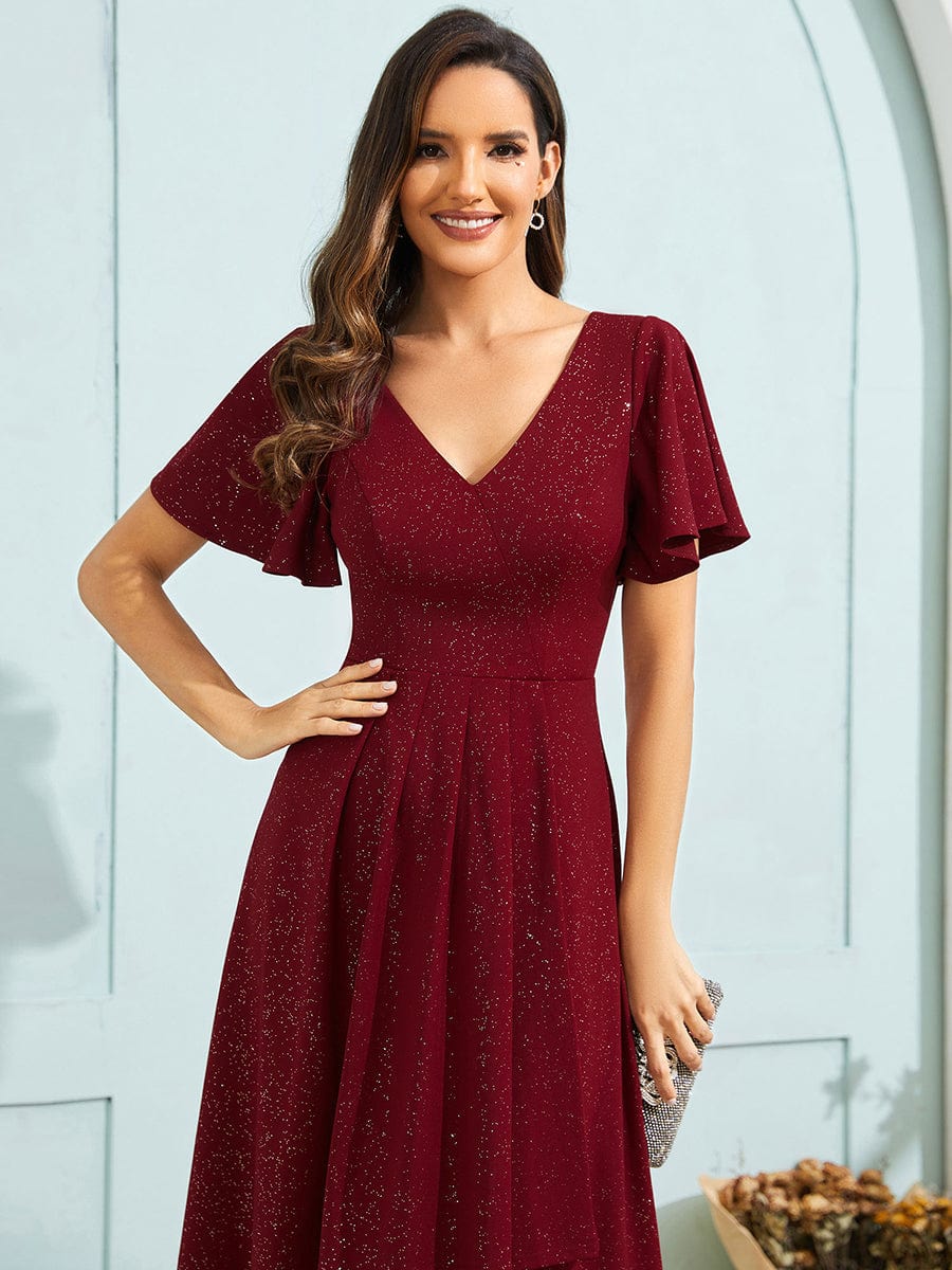 Glitter High-Low V-Neck Ruffled Sleeves Wedding Guest Dress #color_Burgundy