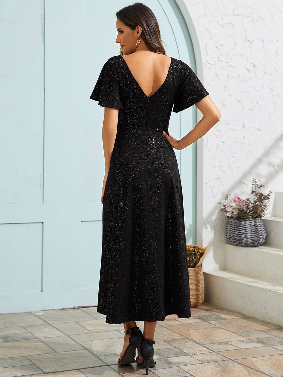 Glitter High-Low V-Neck Ruffled Sleeves Wedding Guest Dress #color_Black