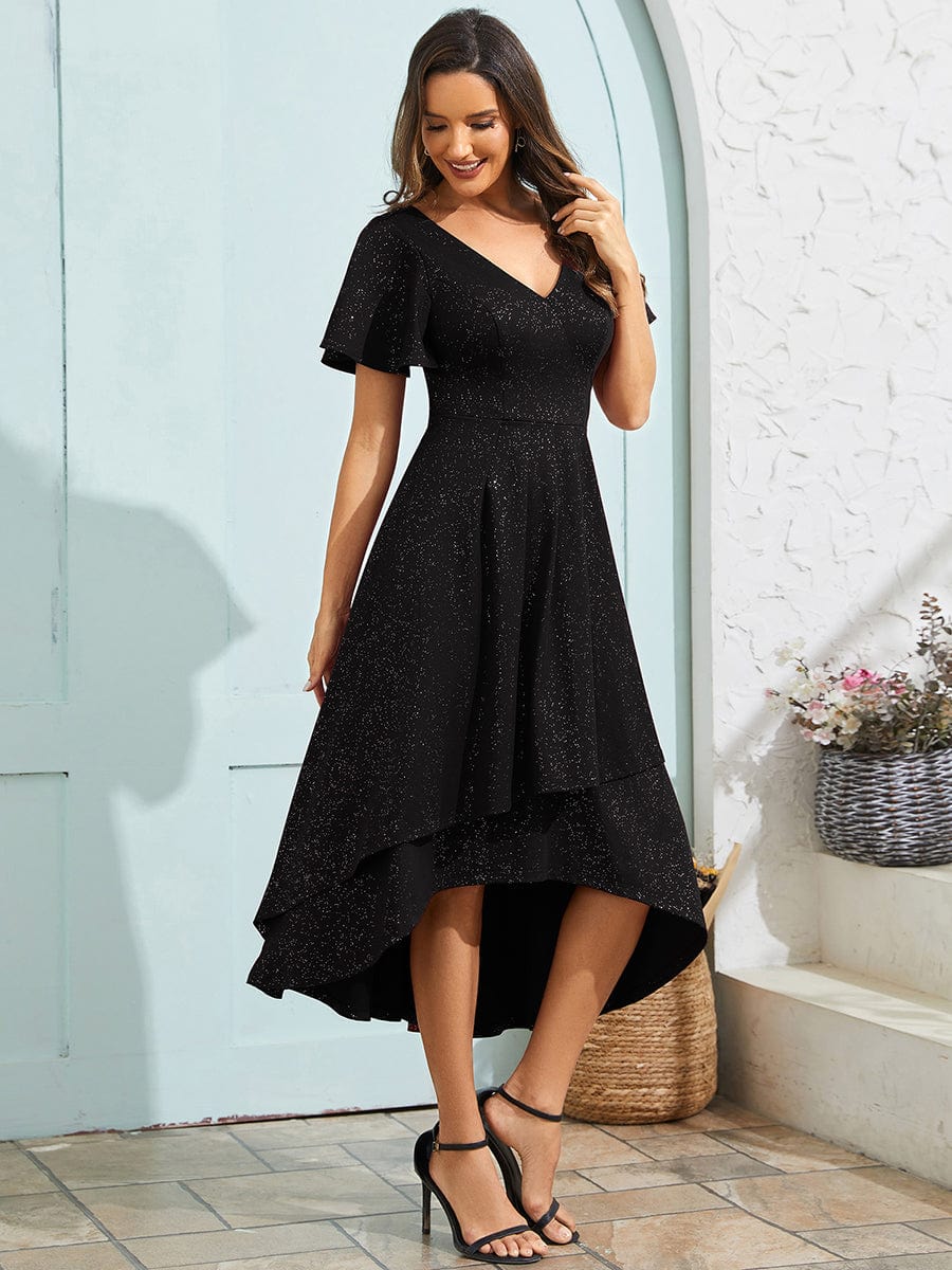 Glitter High-Low V-Neck Ruffled Sleeves Wedding Guest Dress #color_Black