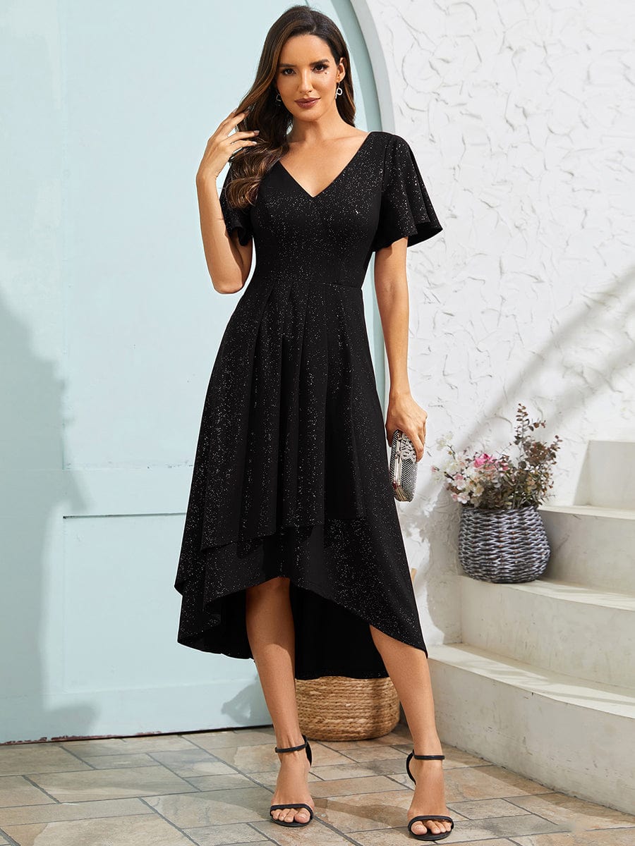 Glitter High-Low V-Neck Ruffled Sleeves Wedding Guest Dress #color_Black