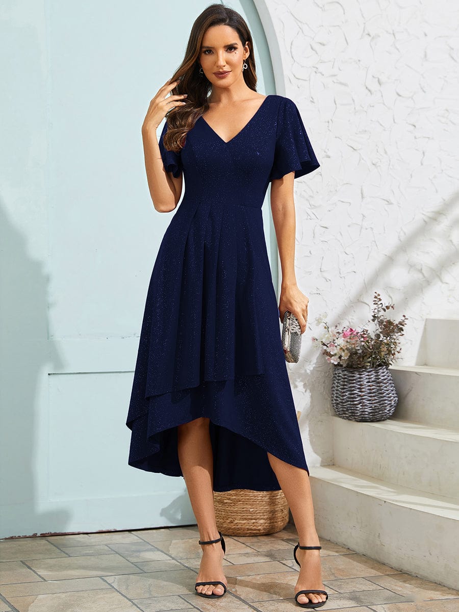 Glitter High-Low V-Neck Ruffled Sleeves Wedding Guest Dress #color_Navy Blue