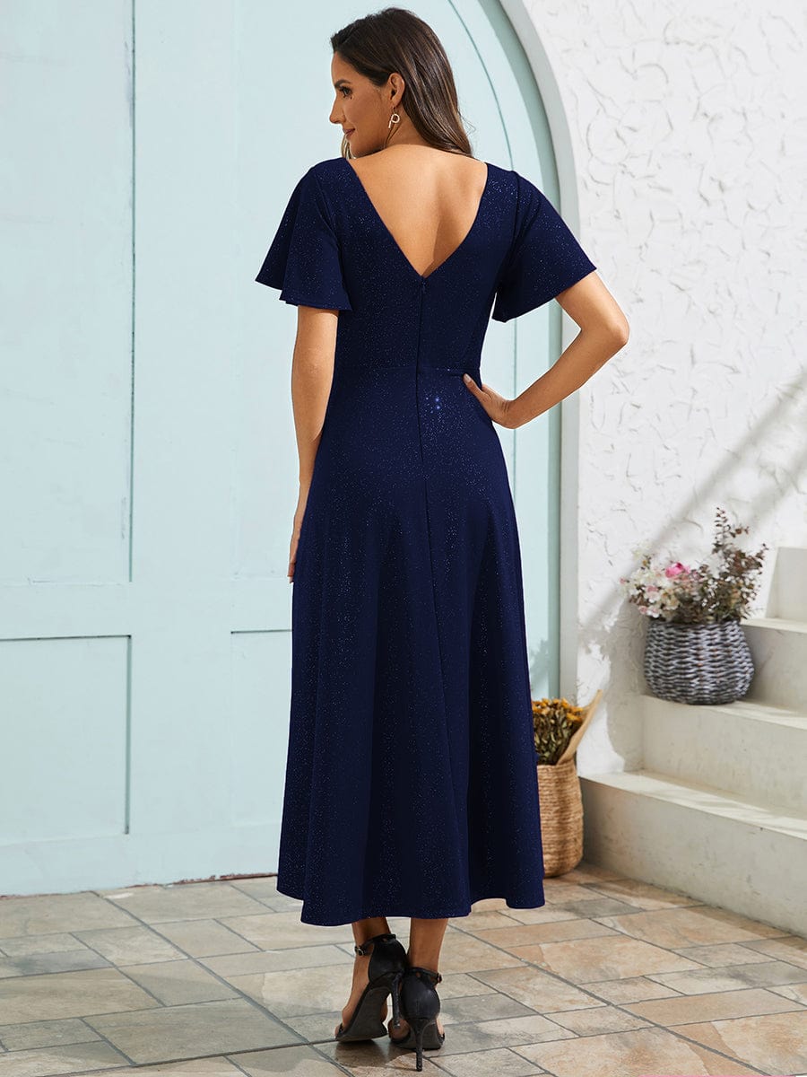 Glitter High-Low V-Neck Ruffled Sleeves Wedding Guest Dress #color_Navy Blue