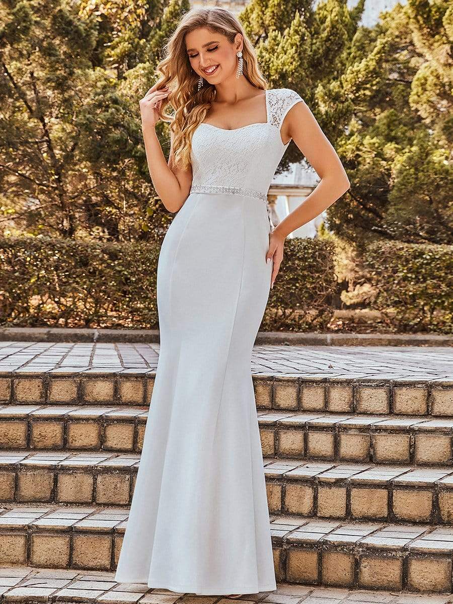 Simple Cap Sleeve Sweetheart Mermaid Style Wedding Dress #color_Cream