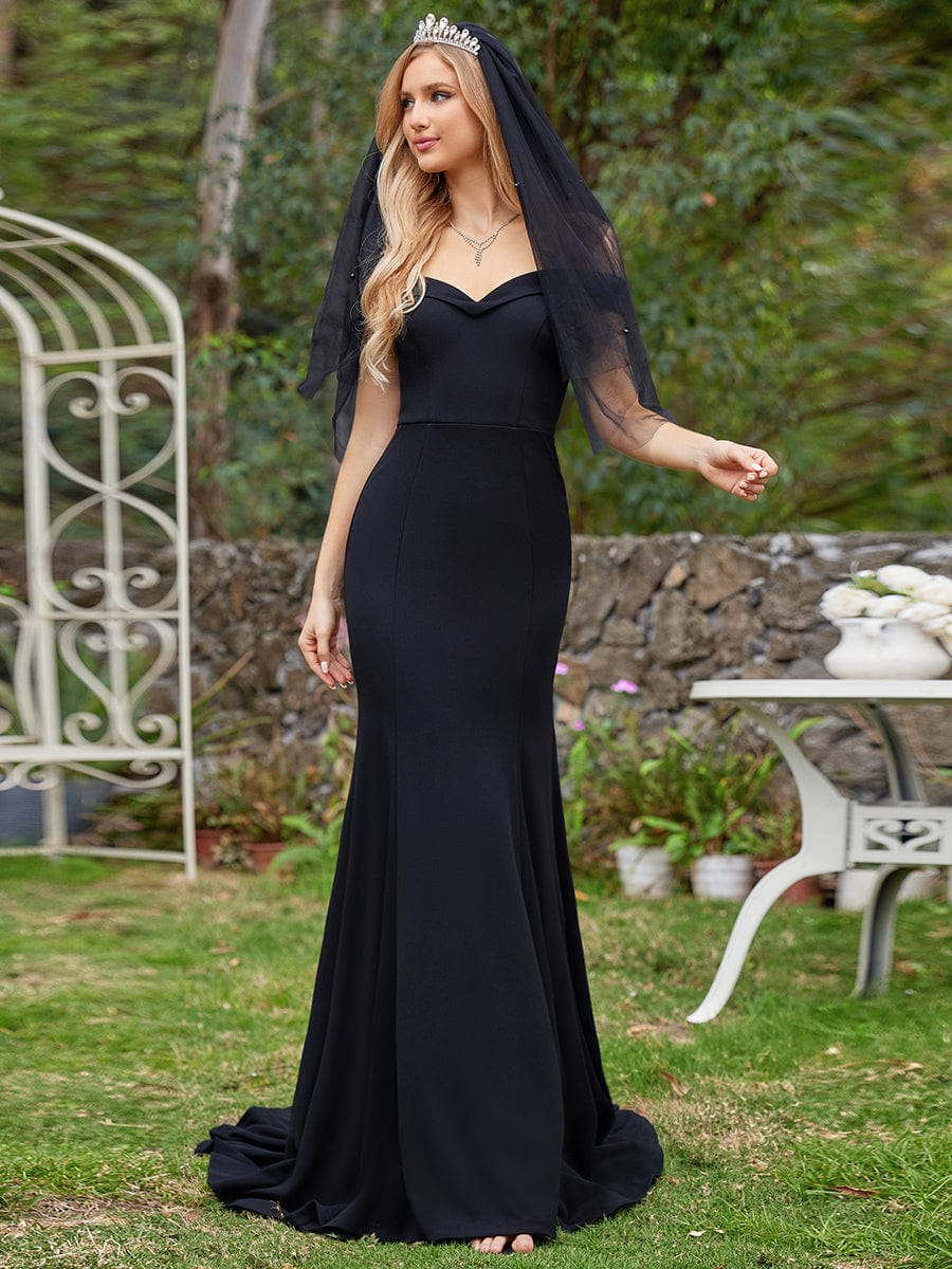 Plain Solid Color Off Shoulder Mermaid Wedding Dress #color_Black