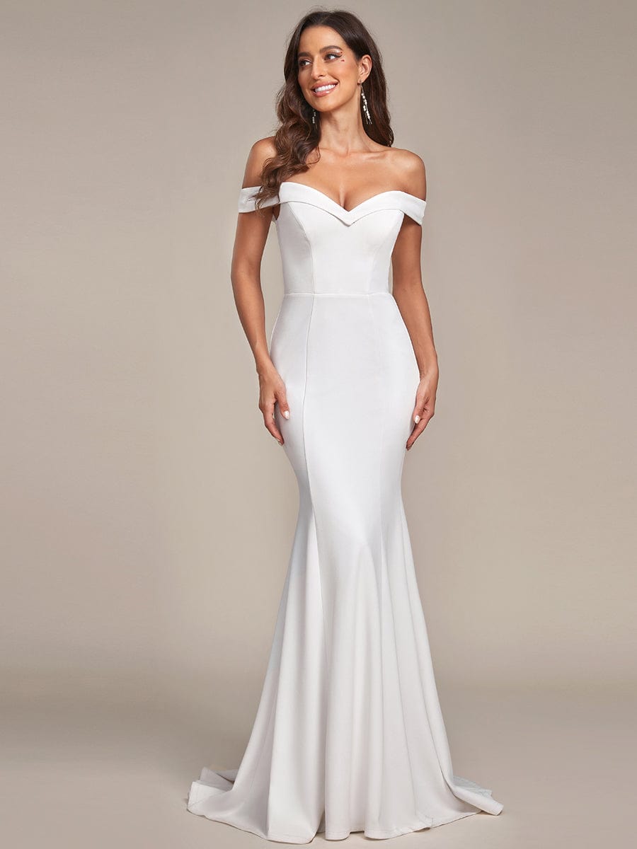 Plain Solid Color Off Shoulder Mermaid Wedding Dress #color_Cream