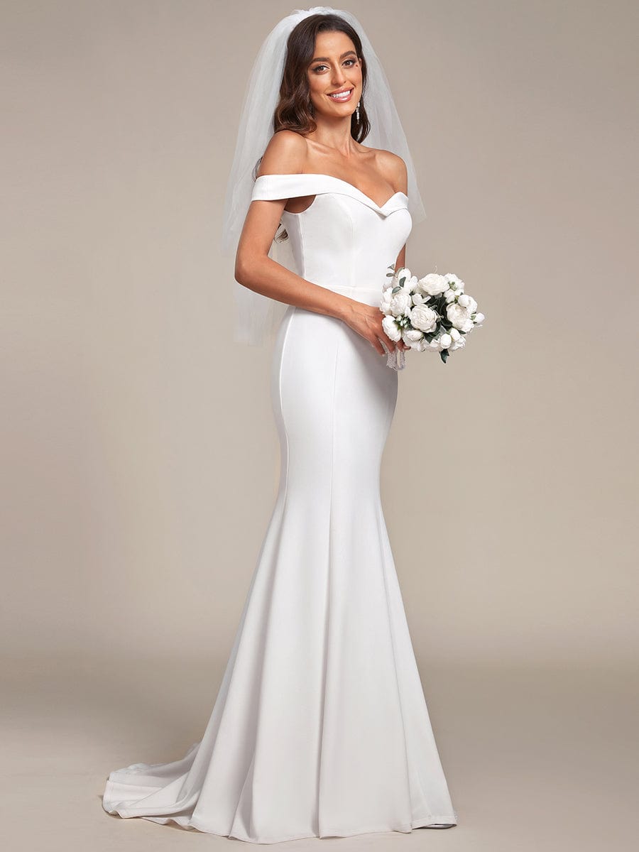 Plain Solid Color Off Shoulder Mermaid Wedding Dress #color_Cream