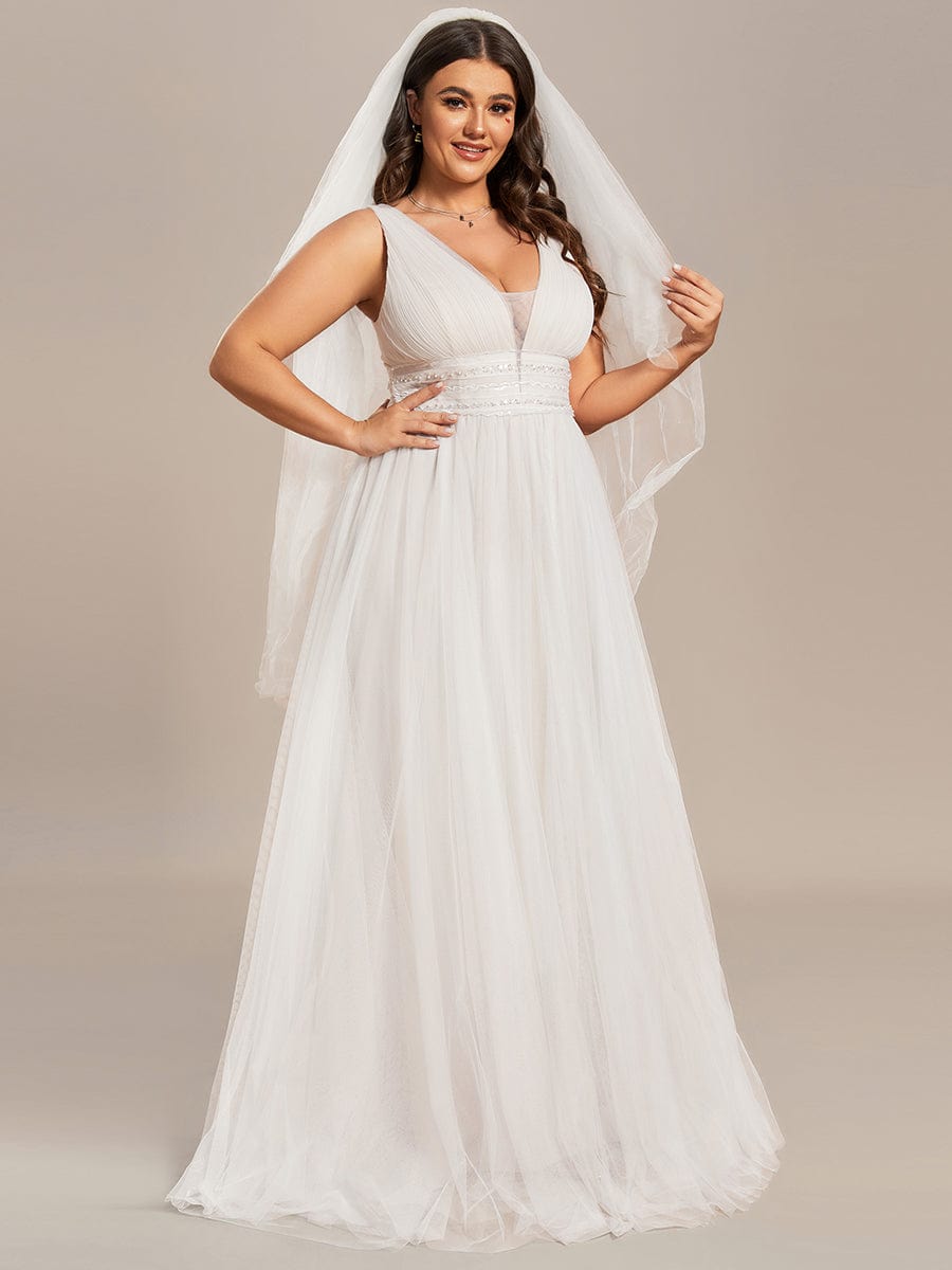 Plus Size Sleeveless Deep V Low Back Long Wedding Dress