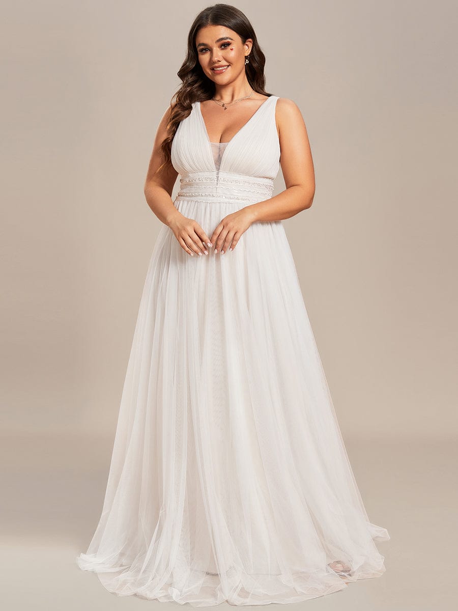 Plus Size Sleeveless Deep V Low Back Long Wedding Dress