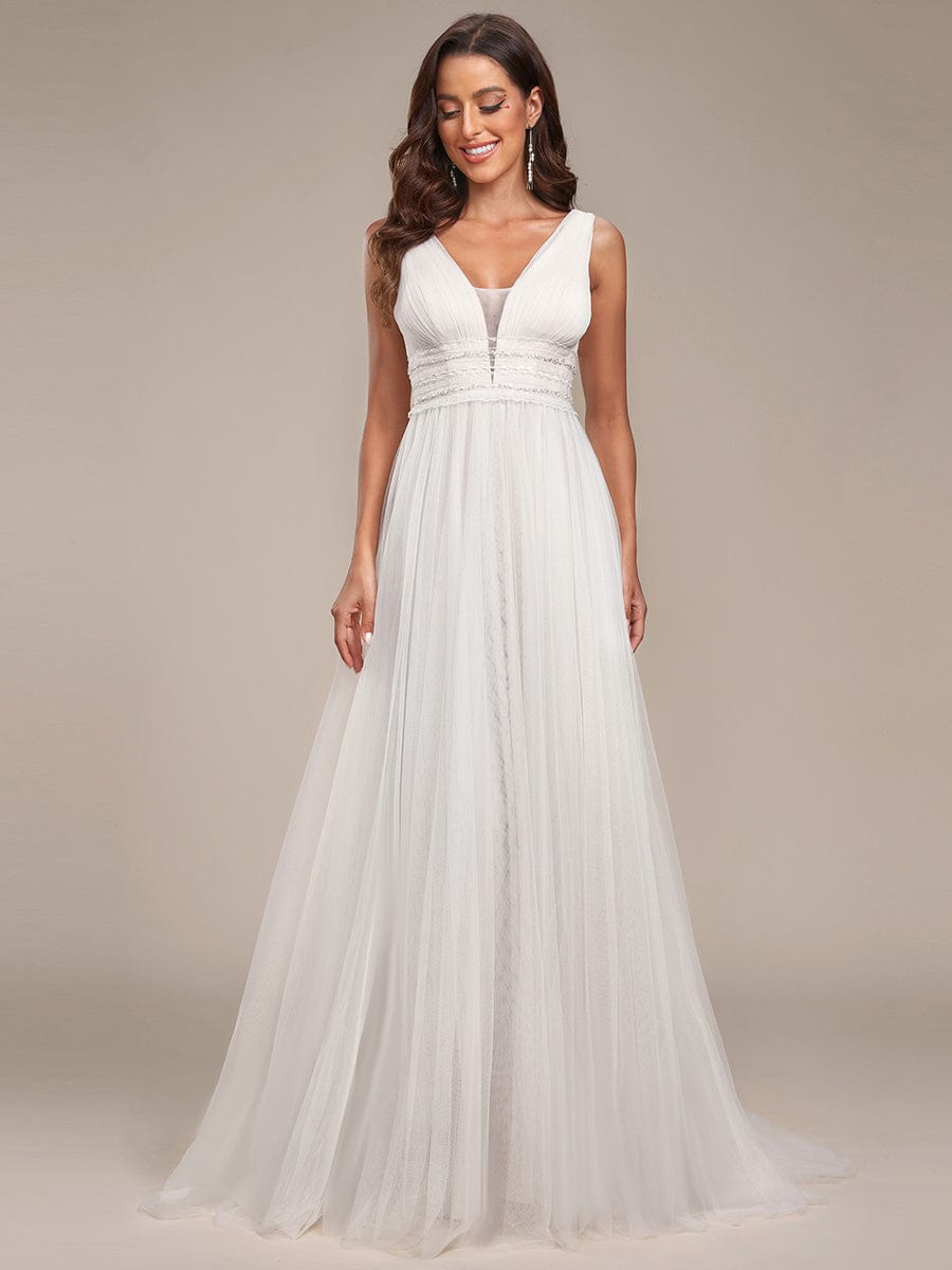 Sleeveless Deep V Low Back Long Wedding Dress #color_Ivory Yellow