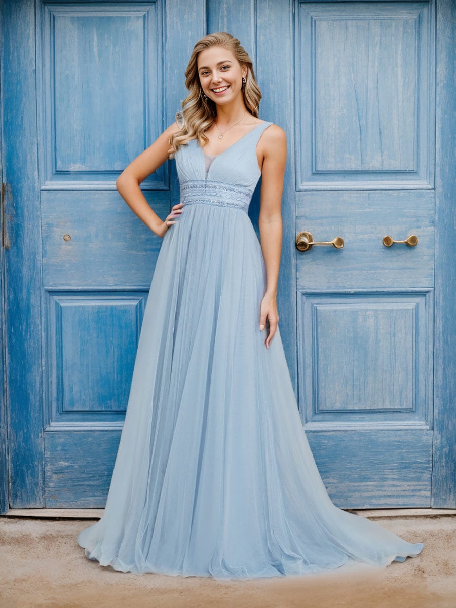 Sleeveless Deep V Low Back Long Wedding Dress #color_Light Blue