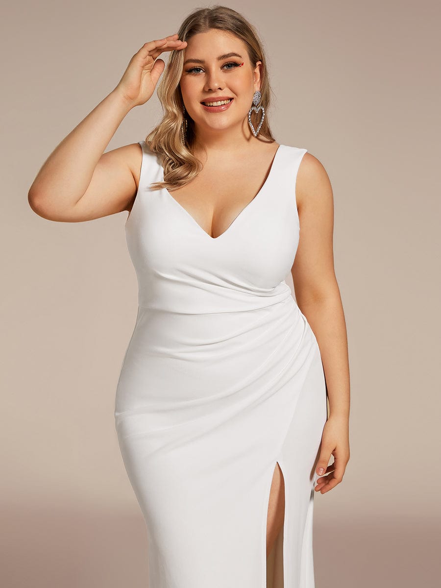 Plus Size Deep V Neck Sleeveless Wedding Dress