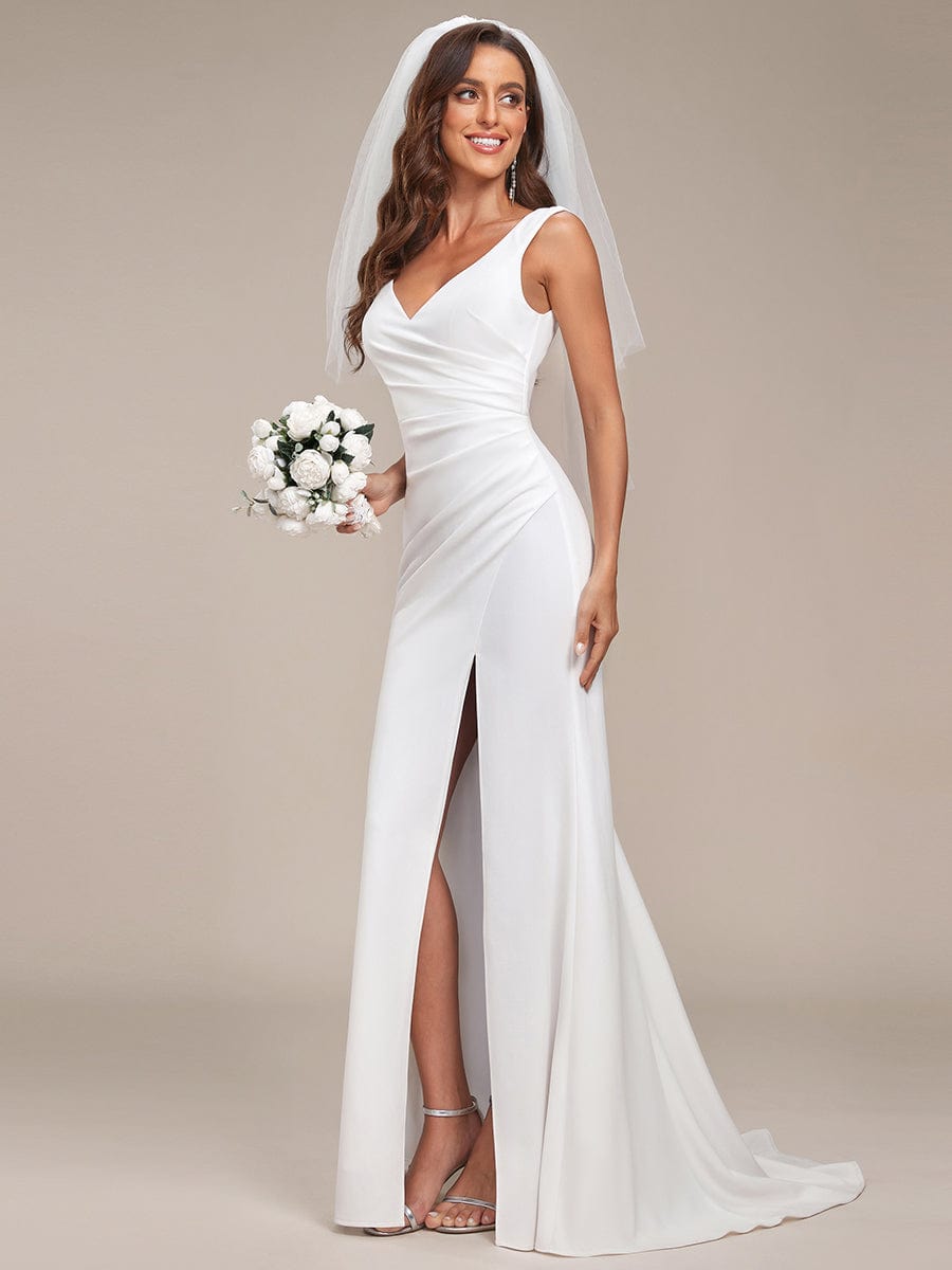 Sleeveless Ruched Sweetheart Fit and Flare Wedding Dress #color_White