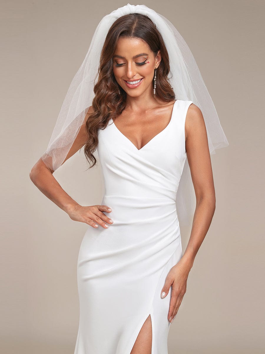 Sleeveless Ruched Sweetheart Fit and Flare Wedding Dress #color_White