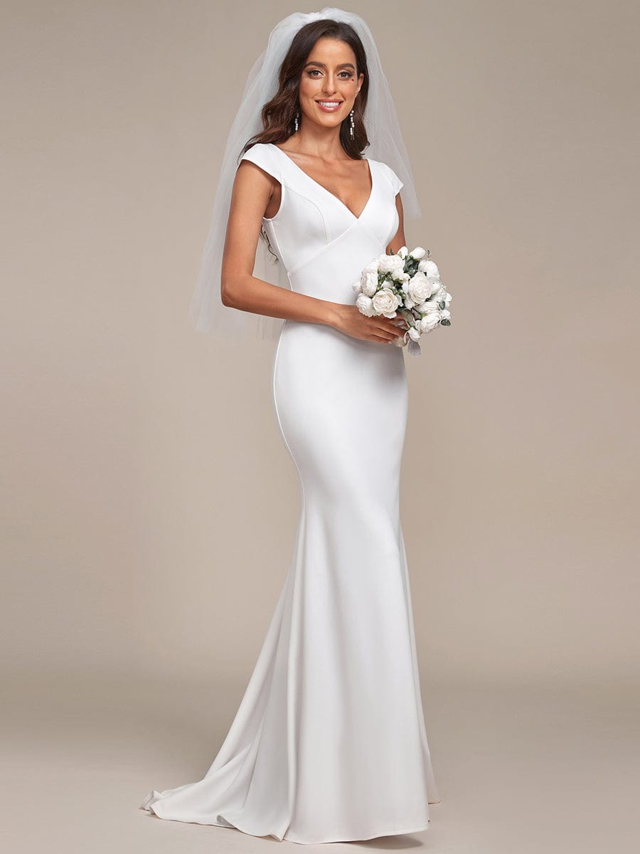 Cap Sleeve V-Neckline Lace Backless Wedding Dress #color_White