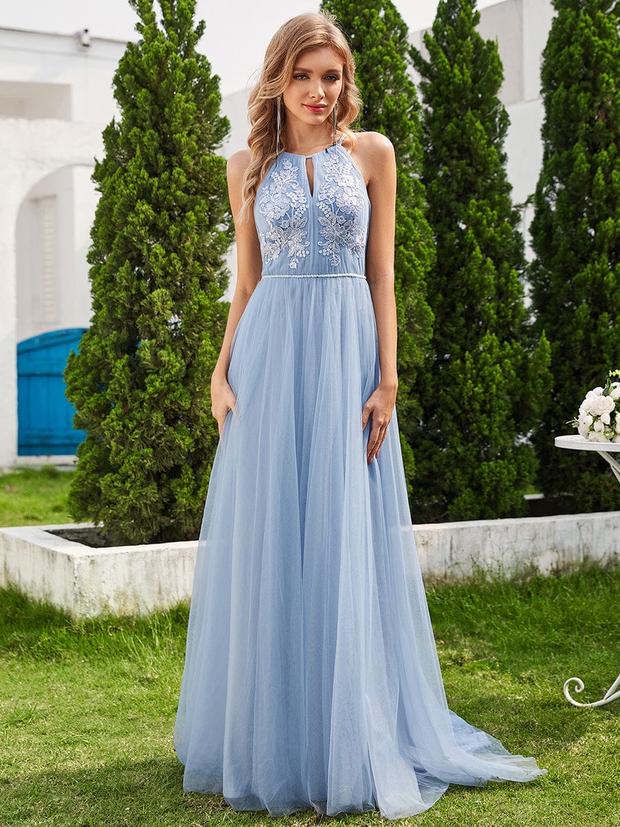 Halter Neck A-Line Tulle Wedding Dress with Applique #color_Light Blue