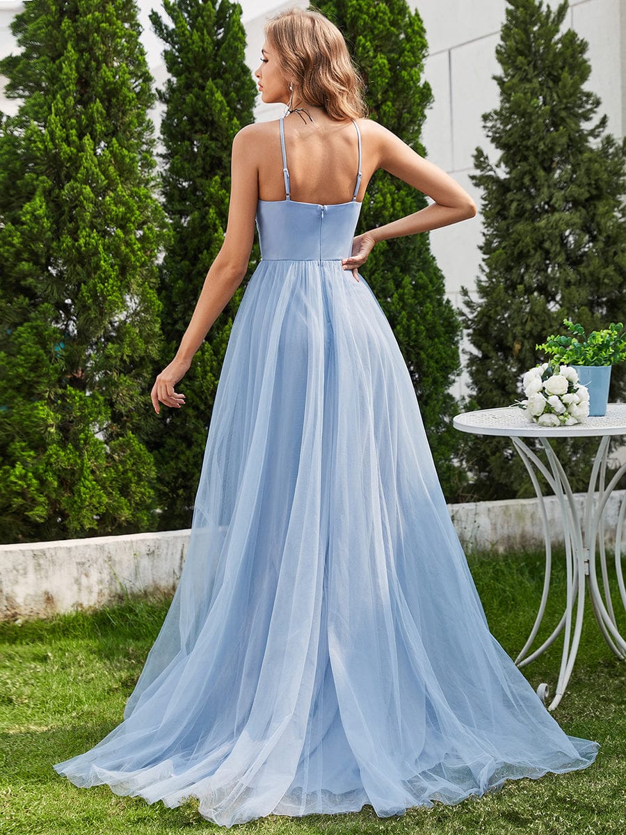Halter Neck A-Line Tulle Wedding Dress with Applique #color_Light Blue