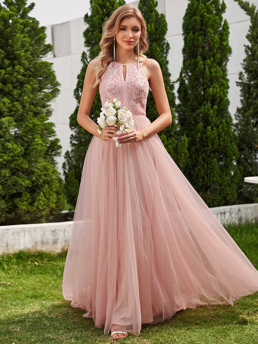 Halter Neck A-Line Tulle Wedding Dress with Applique #color_Pink