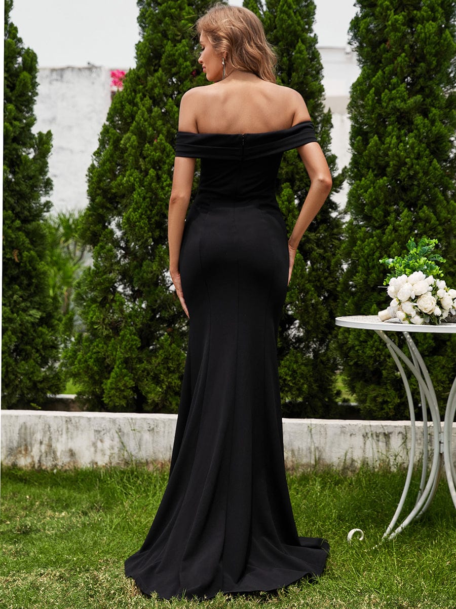 Off Shoulder Pleated Mermaid Wedding Dress with High Slit #color_Black