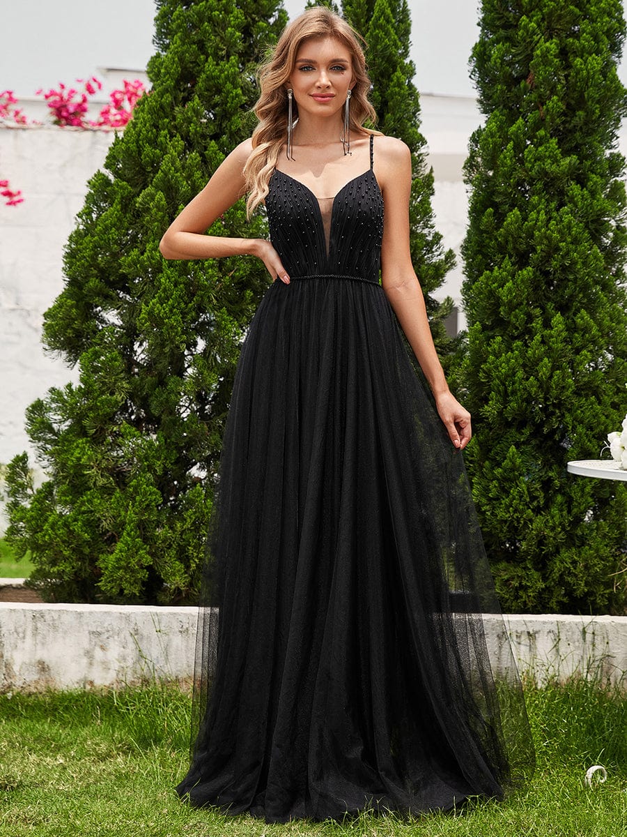 V-Neck Spaghetti Strap A-Line Wedding Dresses with Pearl Embellishments #color_Black