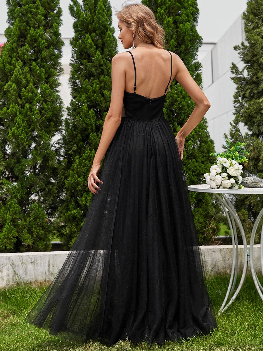 V-Neck Spaghetti Strap A-Line Wedding Dresses with Pearl Embellishments #color_Black