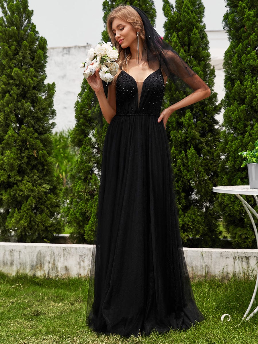 V-Neck Spaghetti Strap A-Line Wedding Dresses with Pearl Embellishments #color_Black