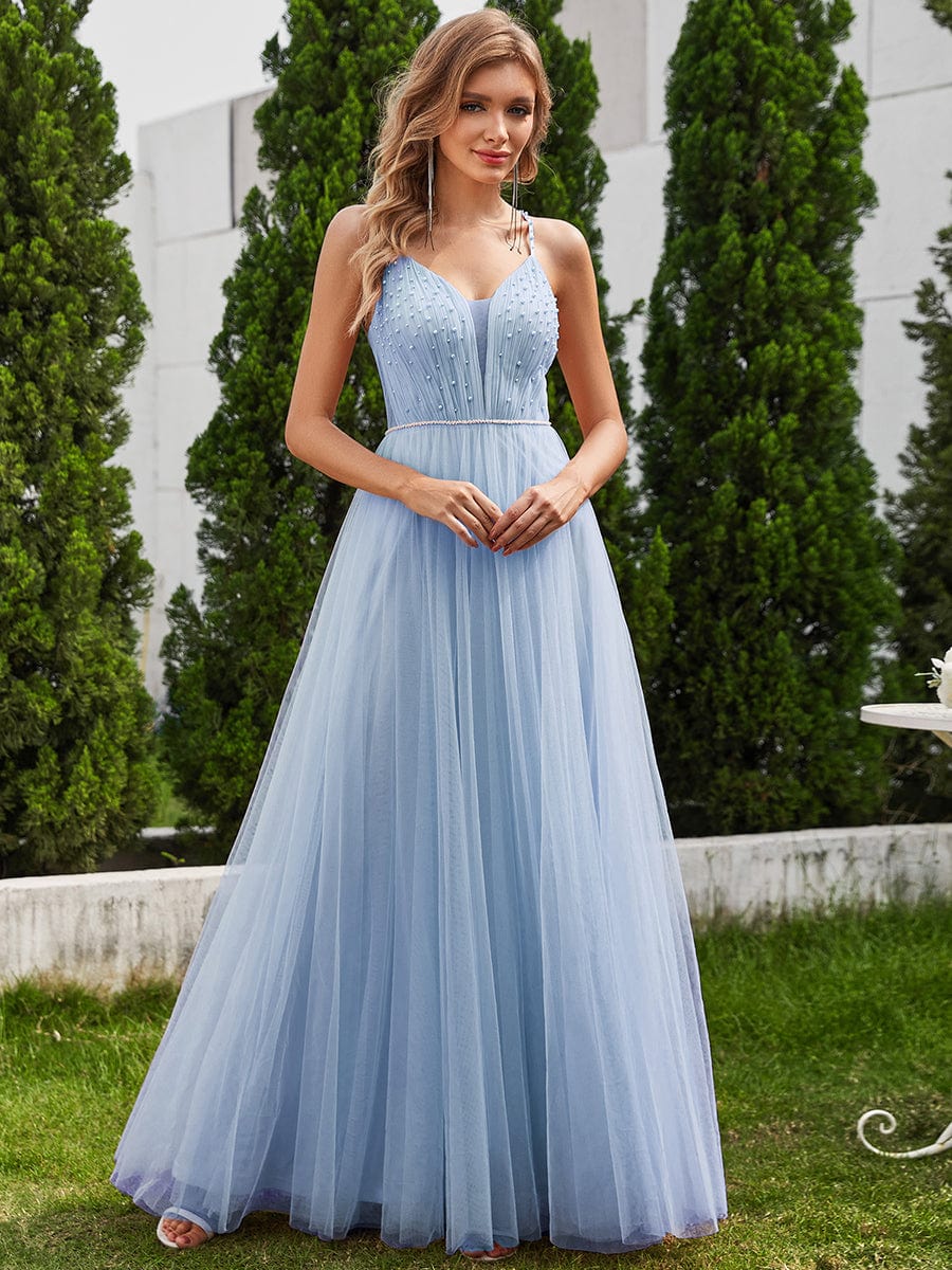 V-Neck Spaghetti Strap A-Line Wedding Dresses with Pearl Embellishments #color_Light Blue