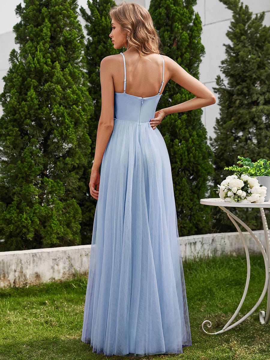 V-Neck Spaghetti Strap A-Line Wedding Dresses with Pearl Embellishments #color_Light Blue