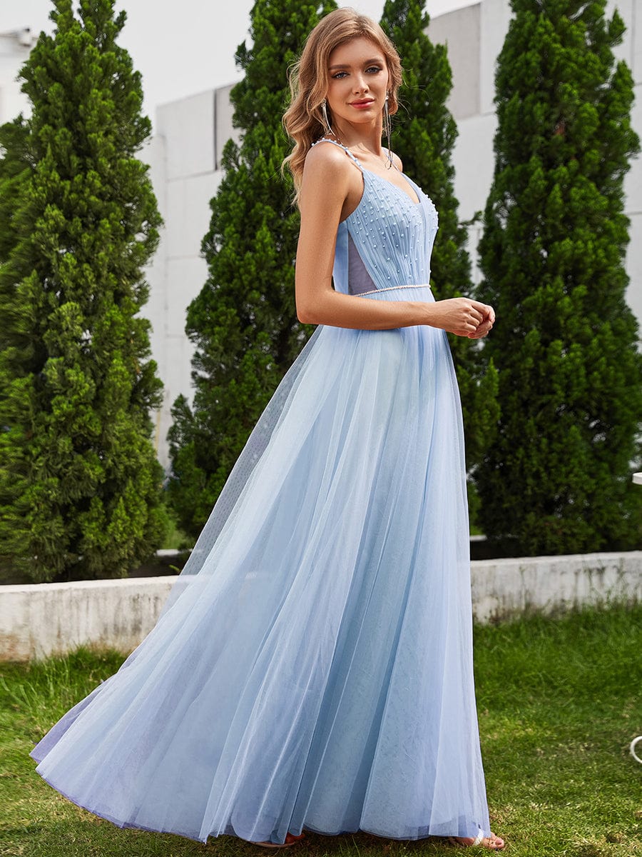 V-Neck Spaghetti Strap A-Line Wedding Dresses with Pearl Embellishments #color_Light Blue