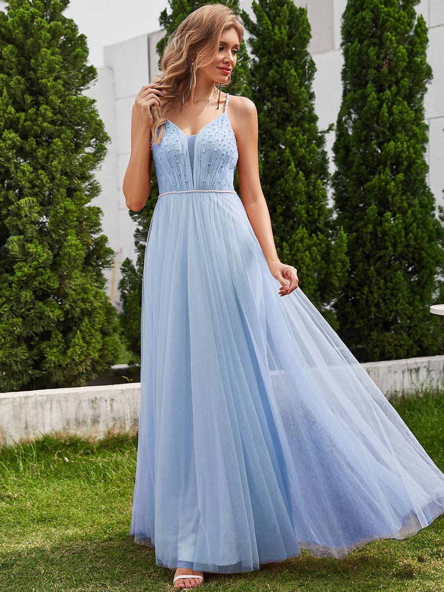 V-Neck Spaghetti Strap A-Line Wedding Dresses with Pearl Embellishments #color_Light Blue