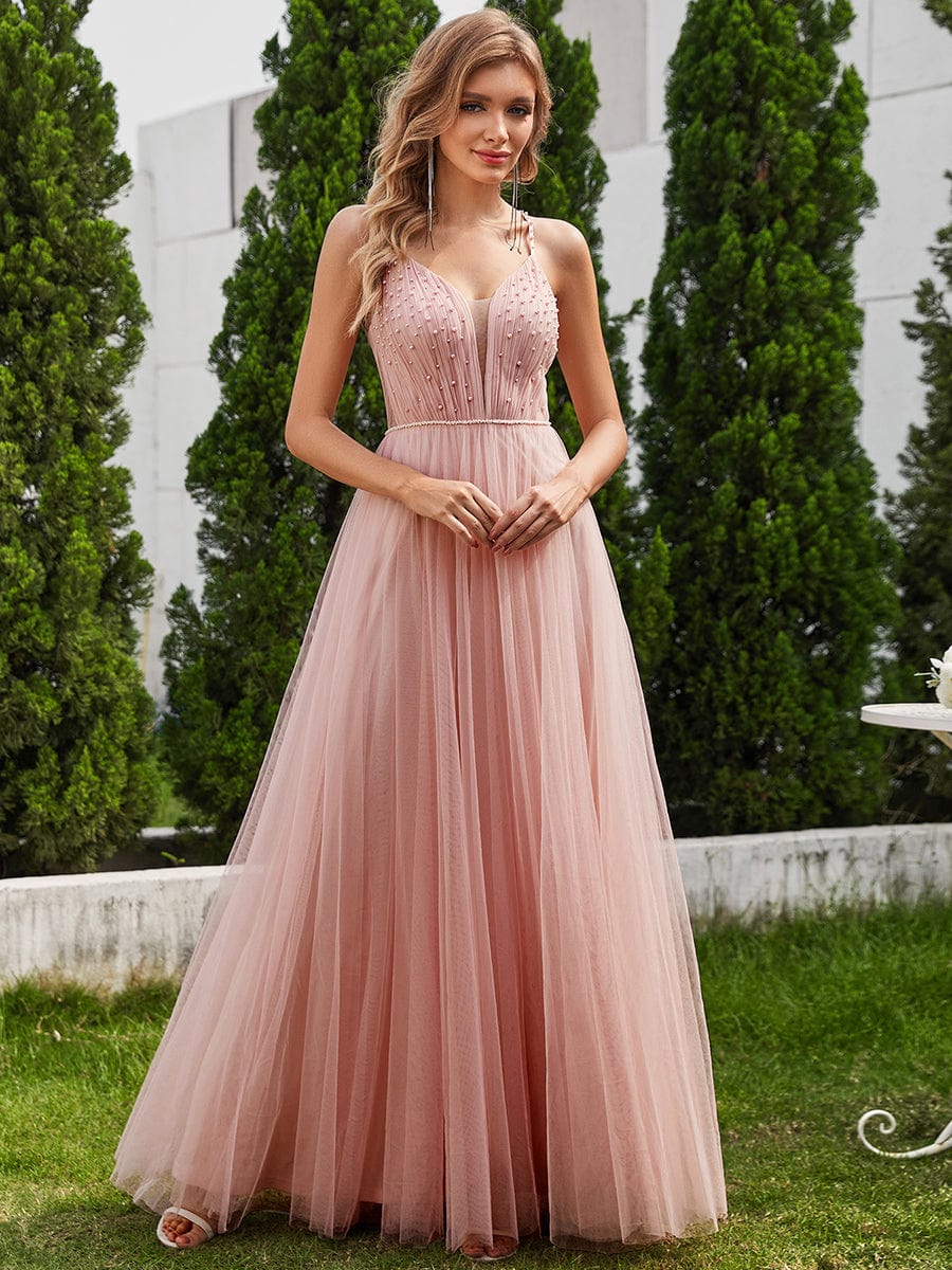 V-Neck Spaghetti Strap A-Line Wedding Dresses with Pearl Embellishments #color_Pink