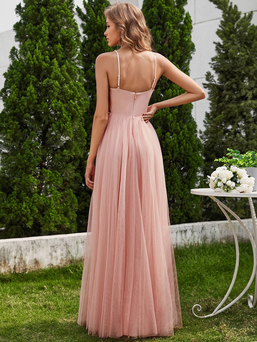 V-Neck Spaghetti Strap A-Line Wedding Dresses with Pearl Embellishments #color_Pink