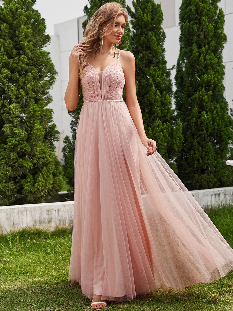 V-Neck Spaghetti Strap A-Line Wedding Dresses with Pearl Embellishments #color_Pink