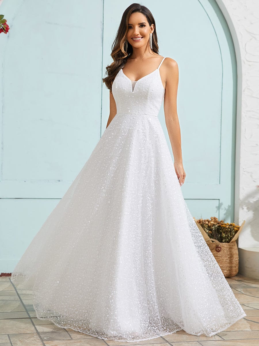 V-Neck Sleeveless Backless Paillette Tulle Wedding Dress #color_White