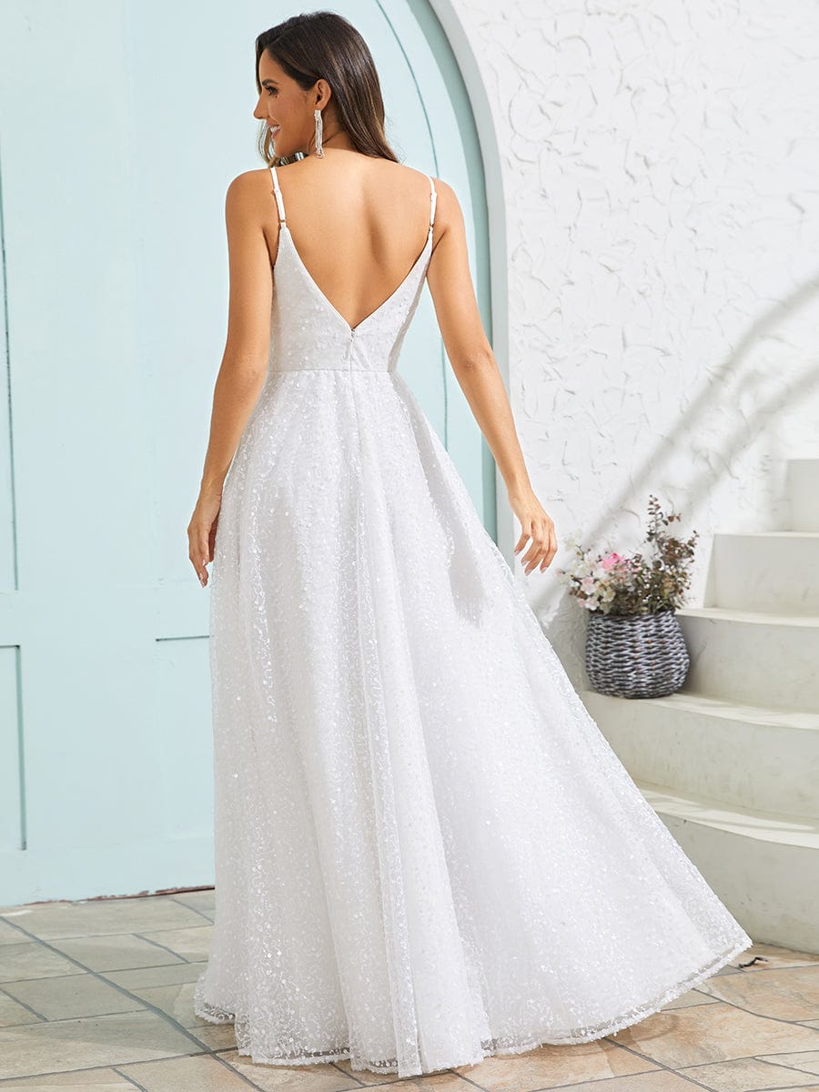 V-Neck Sleeveless Backless Paillette Tulle Wedding Dress #color_White