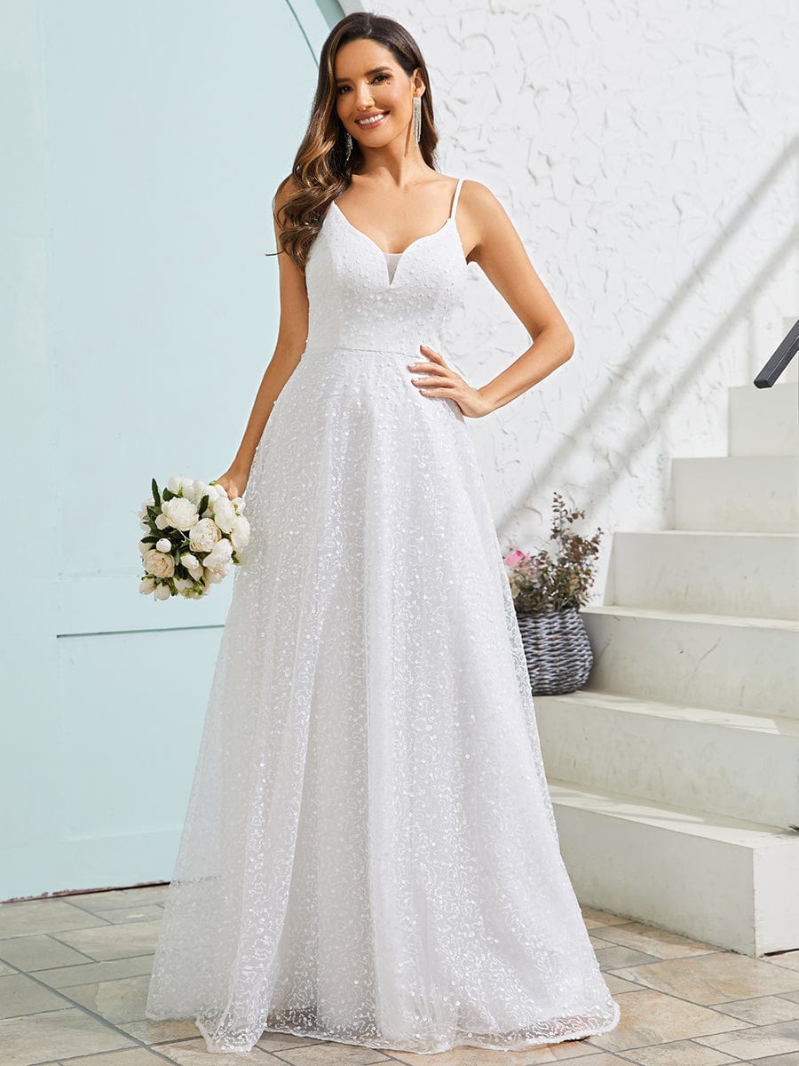 V-Neck Sleeveless Backless Paillette Tulle Wedding Dress #color_White