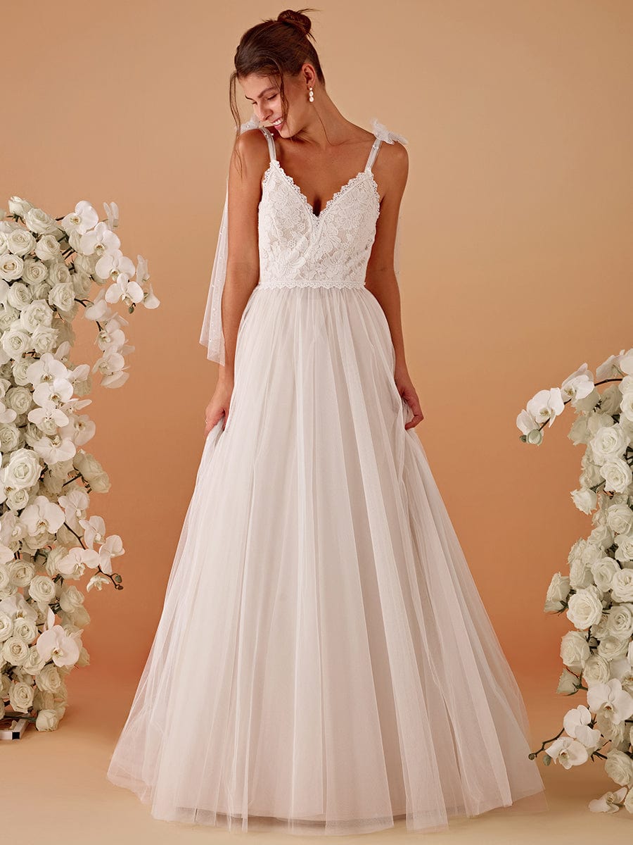 V-neck Lace Tulle Wedding Dress With Bow Straps #color_Ivory