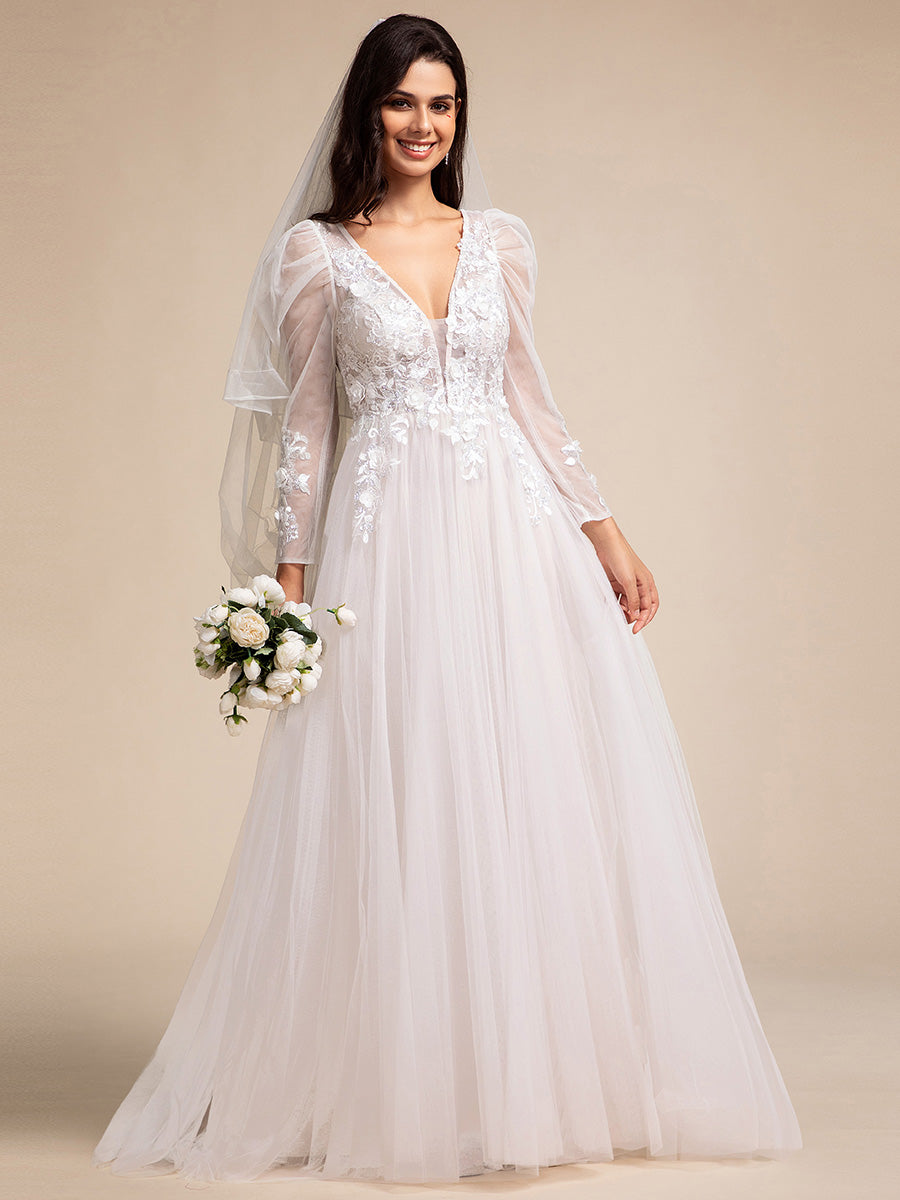 Illusion V-neck Applique Tulle Wedding Dress With Leg-of-mutton Sleeves #color_Ivory