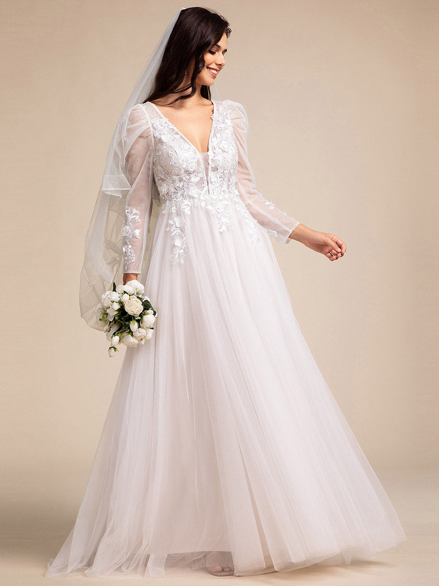 Illusion V-neck Applique Tulle Wedding Dress With Leg-of-mutton Sleeves #color_Ivory